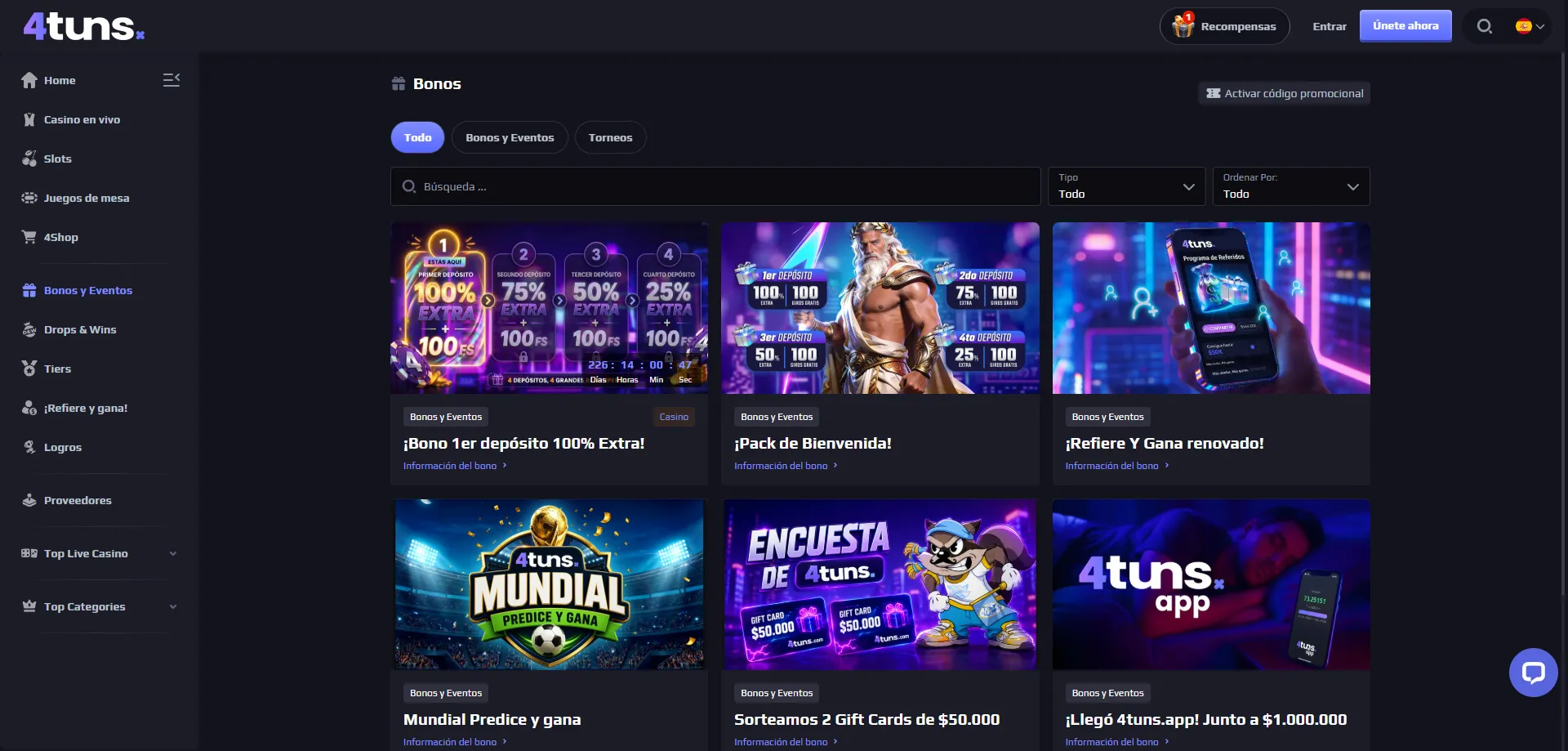 4tuns Casino promociones y giros gratis para Chile