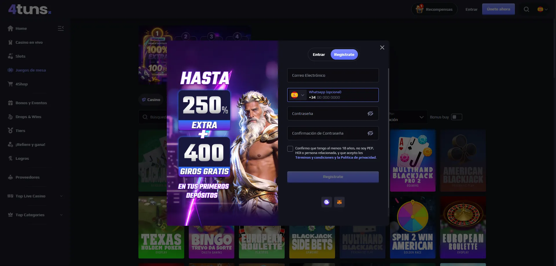 Registro en 4tuns Casino Chile – paso a paso